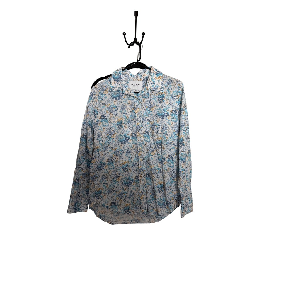 THE SHIRT Rochelle Behrens Blue Floral Cotton Button Down Blouse Womens Medium